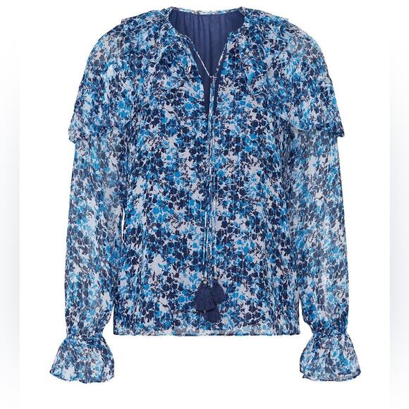NWT Ramy Brook Celeste Blue Floral Printed Tassel Ruffle Sheer Blouse Size Small - Picture 2 of 11